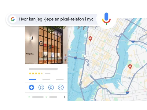 Et talesøk på «Hvor kan jeg kjøpe en Pixel-telefon i New York» viser et resultat med en Google-butikk i New York.