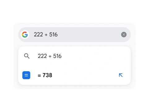 Et søk på 222 + 516 viser resultatet 738.